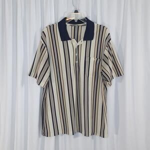 David Taylor Men's 2XL Polo Shirt Beige Navy Striped Golf Casual Pocket Vintage